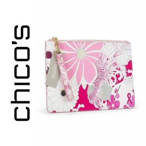 CHICO's Pink and Gray Floral Zip LBBC Pouch with Strap NWT